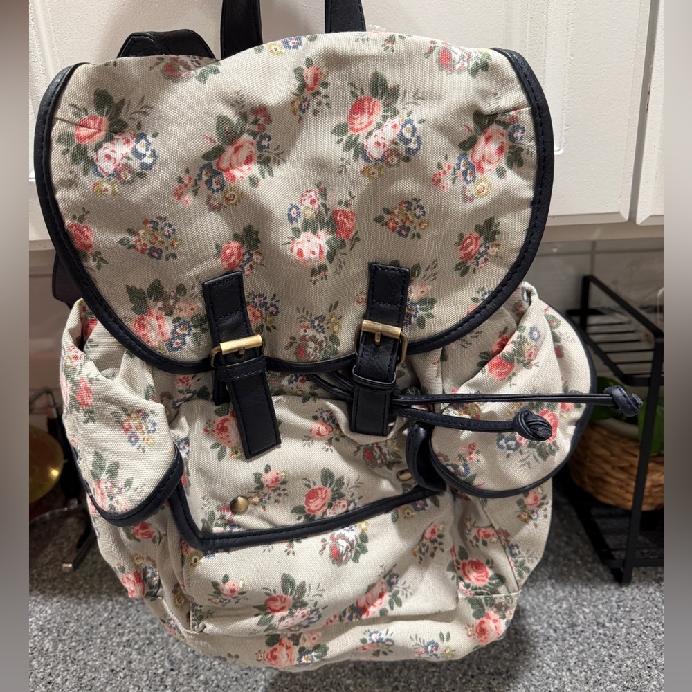 Floral Canvas Drawstring Backpack - Light Blue wi… - image 1